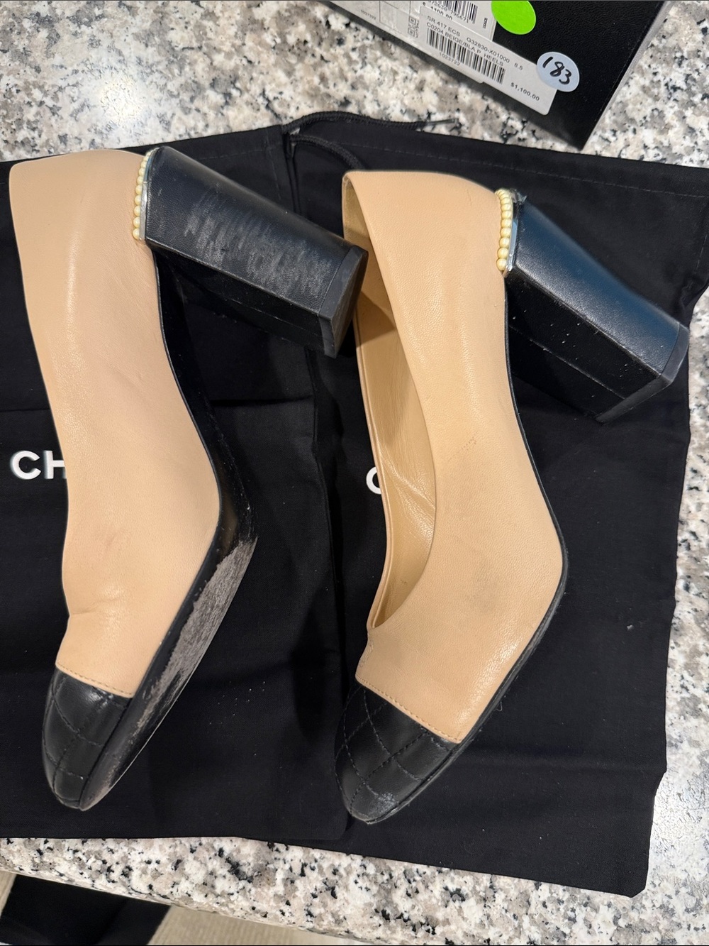 CHANEL Two-Tone Beige Leather Pumps with Black Quilted Cap Toe - Picture 6 of 15
